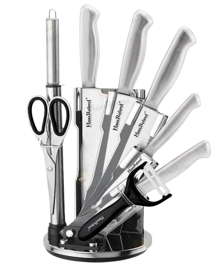 סט 5 סכינים איכותיות, בסיס מסתובב, מספריים, קולפן, מחדד Haus Roland